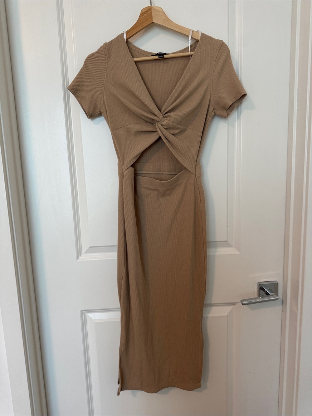 Lulus Knot-Front Camel Ribbed Midi Dress Size Small